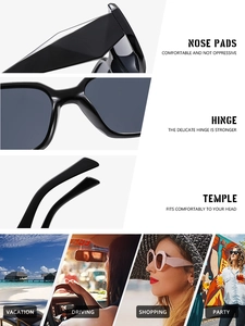 Detail view of integrated nose pads and durable hinges on black square sunglasses