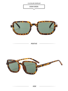 Vues de face et de côté de lunettes de soleil vintage carrées écaillées et vertes
