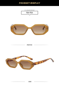 Detailed front and side views of tea-colored geometric sunglasses with tortoiseshell temples