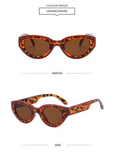 Detaillierte Vorder- und Seitenansicht der eckigen Katzenaugen-Sonnenbrille mit Leopardenmuster