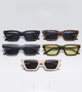 Detailed display of five colorful square sunglasses featuring metallic corner accents
