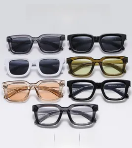 Detailed display of retro square sunglasses in seven assorted frame and lens colors