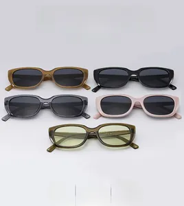 Detailed flat lay of five rectangular sunglasses in brown, black, grey, pink, and olive green