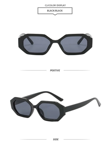 Front and side view of geometric octagon sunglasses with black frames and grey lenses