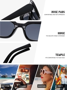 Detail view of square vintage sunglasses with reinforced hinges and daily lifestyle scenes