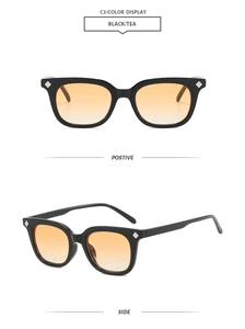 Front and side views of black square sunglasses with tea gradient lenses and silver rivets