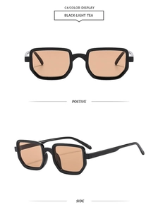 Vue détaillée des lunettes de soleil carrées à monture noire et verres thé clair