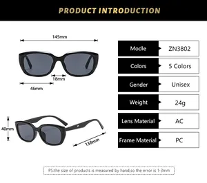 Detailed size specifications and measurements chart for ZN3802 cat eye sunglasses