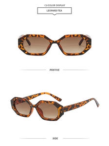 Detail view of leopard print hexagonal sunglasses with gradient tea lenses in dual views