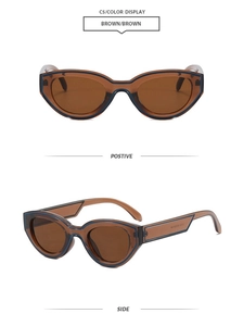 Makro-Seiten- und Frontansicht der braunen Katzenaugen-Sonnenbrille mit getönten Gläsern
