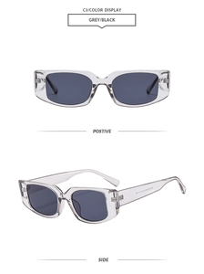 Vues de face et de côté de lunettes de soleil carrées rétro avec monture grise transparente