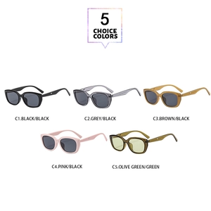 Flat lay of retro cat eye sunglasses in five colors including black grey and amber