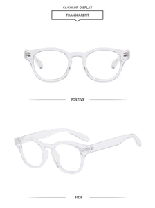 Detail view showing front and side profiles of these stylish clear round frame sunglasses