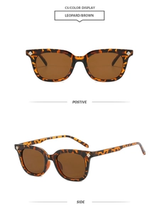 Detail of leopard print square sunglasses with diamond metal studs and brown lenses