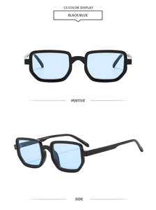 Vues de face et de côté de lunettes de soleil carrées vintage avec verres bleus