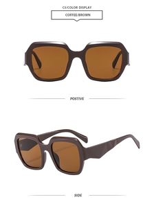 Detail view of coffee brown square oversized sunglasses with C5 geometric temple craft