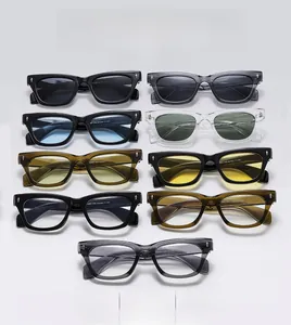 Detail view of square frame sunglasses with metal arrow accents in various frame colors