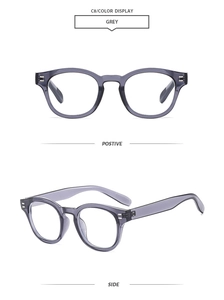 Detailed front and side view of round frame grey transparent vintage sunglasses