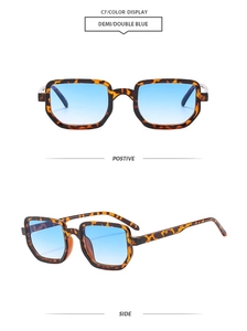 Détail de lunettes de soleil carrées en écaille avec verres dégradés bleus