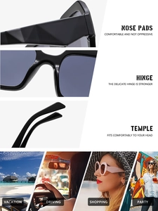 Detail view of square oversized sunglasses with reinforced hinges and comfy nose pads
