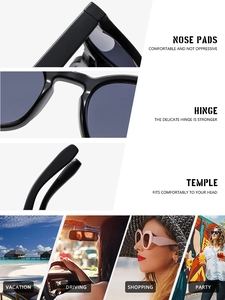 Detailed views of comfort nose pads, sturdy hinges, and stylish black round frame sunglasses
