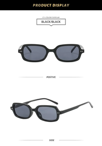 Vues de face et de côté de lunettes de soleil carrées noires avec rivets en métal