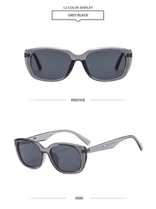 Detail view of C2 grey transparent cat eye sunglasses showing front and side profiles