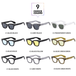 Matrix display of square retro sunglasses in nine colors with thick frame detail