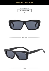 Detaillierte Vorder- und Seitenansicht der schwarzen Vintage-Rechteck-Sonnenbrille mit Nieten