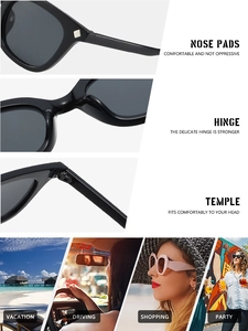 Detail view of square sunglasses with reinforced hinges, nose pads, and beach scenes