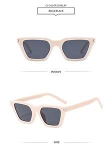 Detail view of beige rectangular thick frame sunglasses with dark gray lenses and metal hinge