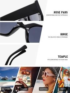 Détails des lunettes de soleil carrées avec plaquettes de nez et charnières métalliques