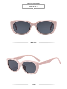 Front and side view details of cat eye sunglasses in pink frame with dark grey lenses