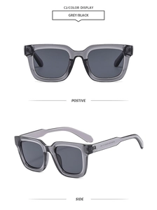 Front and side view of square sunglasses with grey transparent frames and black lenses