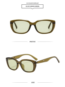 Detailed front and side views of olive green retro cat-eye sunglasses with metal hinges