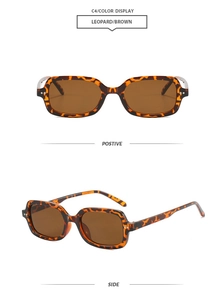 Vue détaillée de lunettes de soleil carrées léopard avec verres bruns sous plusieurs angles