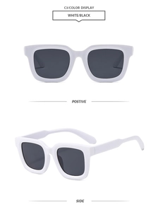 Front and side view of white square frame sunglasses with dark grey lenses for men