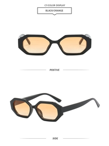 Detail of square black frame sunglasses with vibrant orange gradient lenses shown from two angles