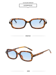 Vues de face et de profil de lunettes de soleil carrées léopard avec verres dégradés bleus