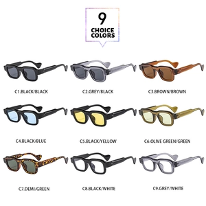 Grille détaillée montrant neuf options de couleurs de lunettes de soleil rétro à branches ondulées