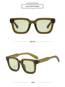 Detail view of olive green square sunglasses with transparent frame and specifications