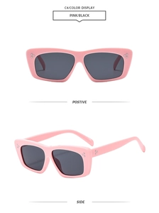 Detail der C4 rosa Cat-Eye-Sonnenbrille mit silbernen Nieten und schwarzen Gläsern