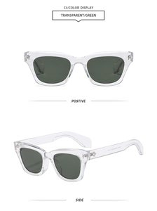 Detail view of transparent square sunglasses with green lenses and metal rivets