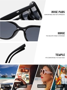 Detail view of reinforced metal hinges and integrated nose pads on black cat-eye sunglasses