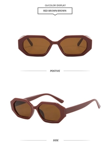 Detail view of red brown octagonal geometric sunglasses with dark brown lenses
