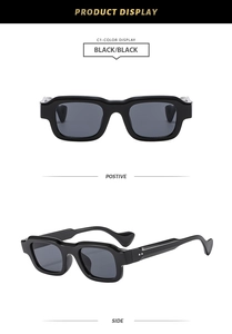 Lunettes de soleil carrées noires classiques avec verres gris foncé et rivets