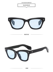 Front and side view of square sunglasses featuring metal rivets and light blue lenses