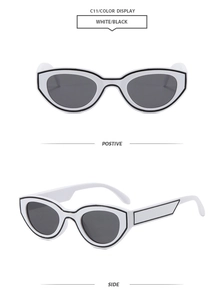 Vorder- und Seitenansicht der Vintage-Cat-Eye-Sonnenbrille in schwarz-weißem Kontrast