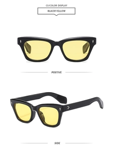 Front and side view of square sunglasses with black frames and yellow lenses