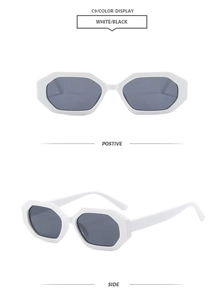 Detail view of bold white octagonal frames with dark lenses in front and side perspectives